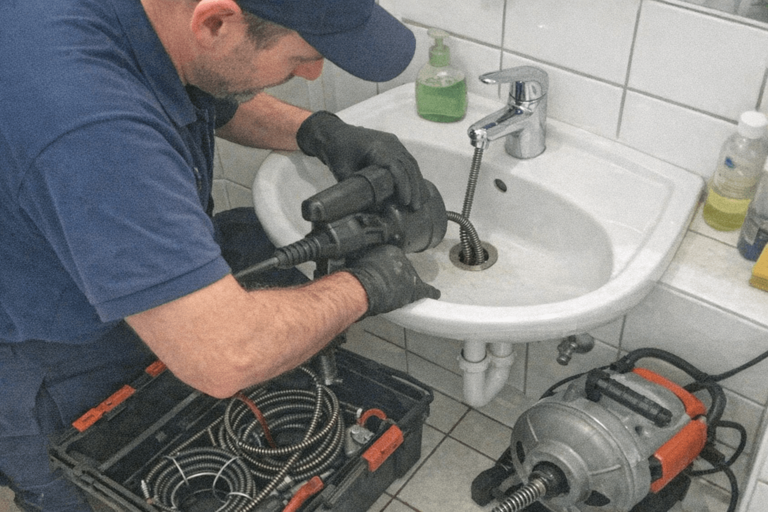 Reinigung eines verstopften Spülenabflusses in einer Küche