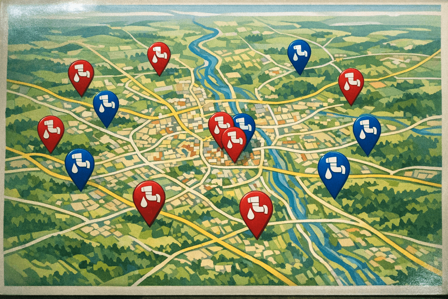 Stilisierte Karte von Augsburg und Umgebung mit Markierungen für Serviceorte der Rohrreinigung.