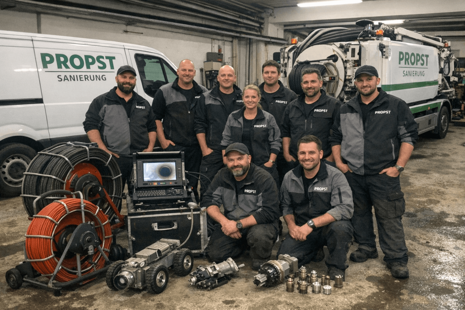 Team von Propst Sanierung mit modernen Rohrreinigungsfahrzeugen und Ausrüstung.