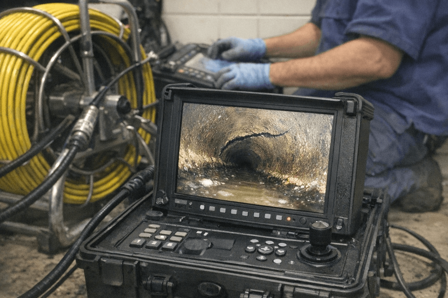 Techniker führt eine Kamera-Inspektion im Abwasserrohr durch