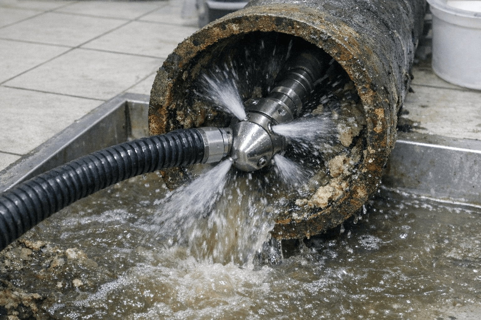 Klarer Hochdruck-Wasserstrahl bei umweltfreundlicher Rohrreinigung in Oberhausen.